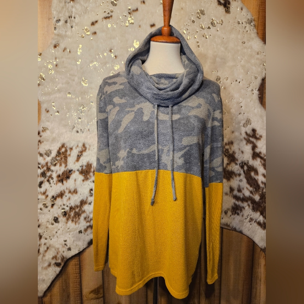 Women's Cowl Neck Sweater - Camo and Yellow